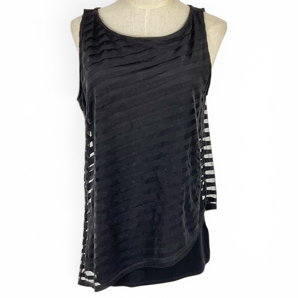 White House Black Market Black Layered Burnout Stripe Asymmetrical Tank Top M